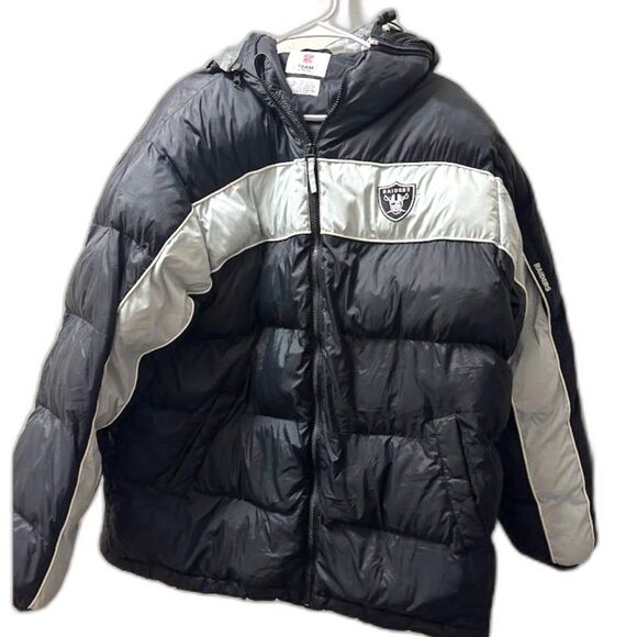 Raiders VTG NFL Team Apparel Puffer Coat 90s Black Gray Sports Football Jacket L - Picture 2 of 6